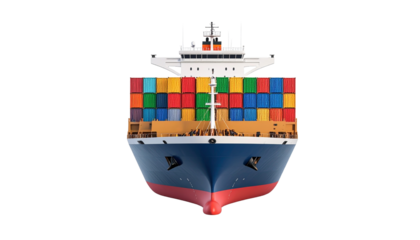 A container ship loaded with vibrant cargo sails across the sea