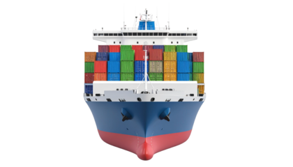 A fully loaded container ship is ready for the long journey across the sea. The vessel is packed with colorful containers, with the blue sea creating the background.