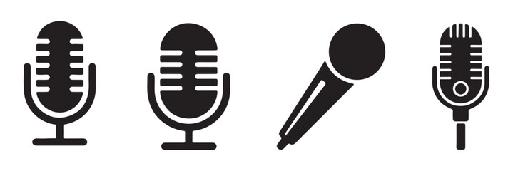 Microphone icon set. Audio speech podcast mic vector symbol. Different microphone collection. Thin line microphone pictogram. Voice record mike icon in black. Vector illustration