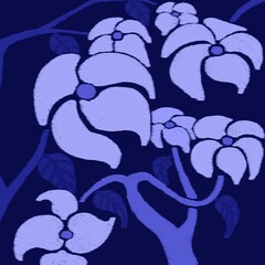 Seamless pattern with stylized orchids on a dark blue background