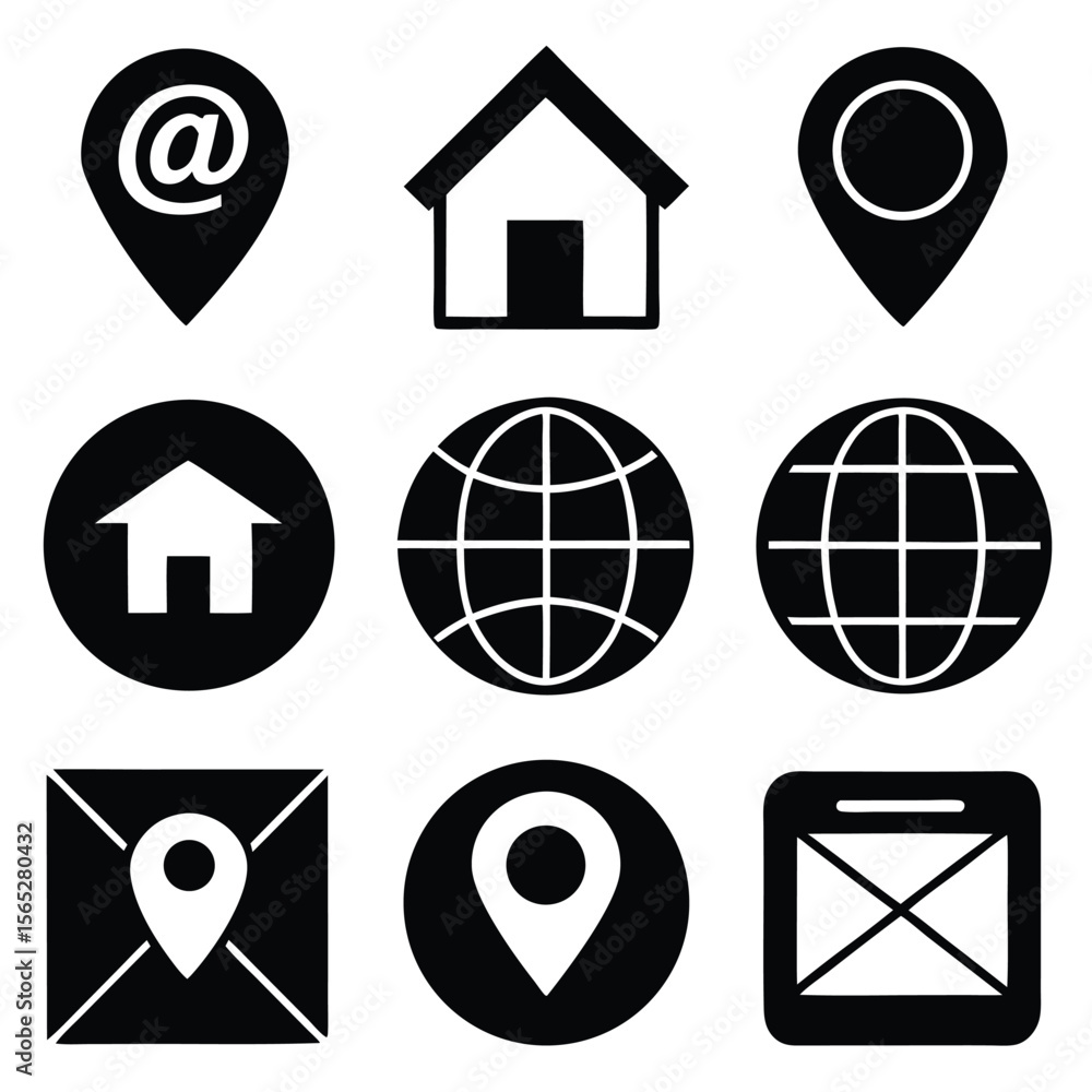 Poster set of black icons for web navigation home location globe email phone.