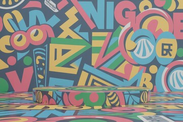 Background podium 3D product display stand platform Urban graffiti rectangular podium with a backdrop covered in vibrant street art