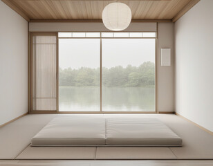 Fototapeta premium Modern Japanese Zen Bedroom with Minimalist Aesthetic and Tatami Flooring.