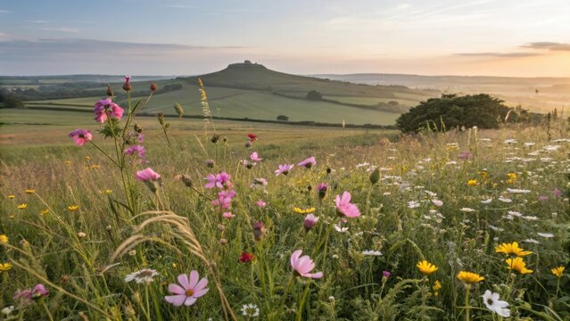 Wildflower meadow at sunrise with rolling hills and a distant conical hill