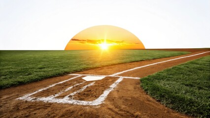 Baseball diamond at sunrise with golden sunburst over green field