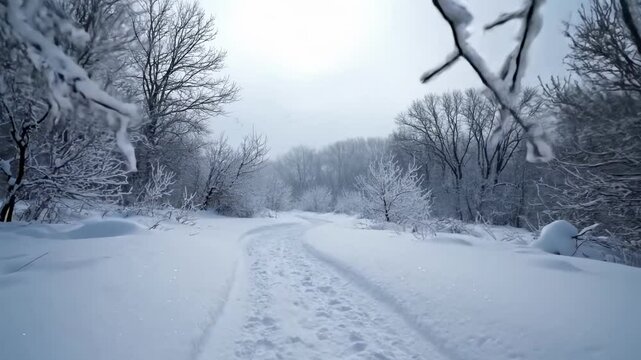 A serene winter landscape featuring a snow-covered path winding through a forest of frosted trees, with soft snowfall creating a tranquil atmosphere in the background