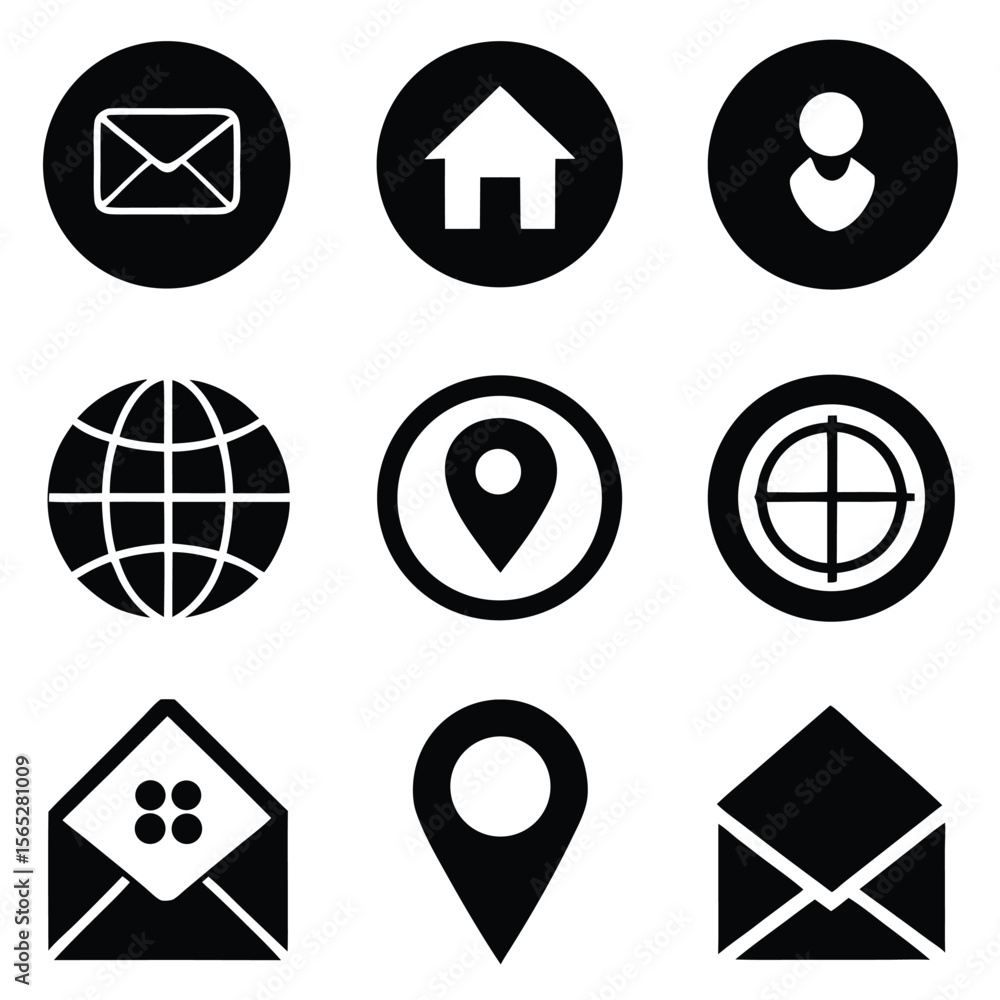 Poster set of black icons in grid home location email phone and globe with solid and outlined styles.