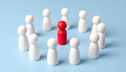 A red figure standing out among the group of white figures on a blue surface. It symbolizes leadership, or being unique or different