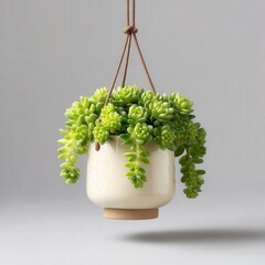 Sedum morganianum A hanging planter with lush green succulents in a simple, modern pot against a neutral background.