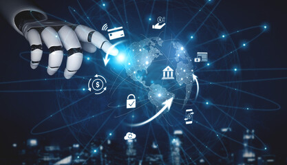 AI managing digital payment network, verifying transactions, enhancing security, and processing global financial transfers through connected platforms. Vouch