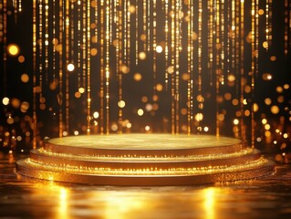 high resolution picture of Golden Illuminated Stage with Sparkling Bokeh Lights and Glowing Background podium for product display high detail 8k