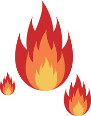 Three stylized cartoon flames of varying sizes, depicted in shades of red, orange, and yellow on a white background.