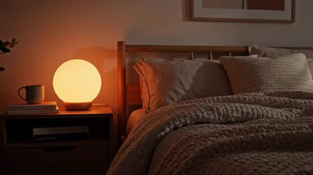 Cozy bedroom scene featuring a softly glowing round lamp on a bedside table, with a neatly made bed and decorative pillows, creating a warm and inviting atmosphere for relaxation
