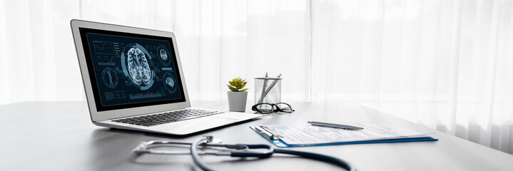 Medical science technology and futuristic healthcare virtual computer software analyze human health...
