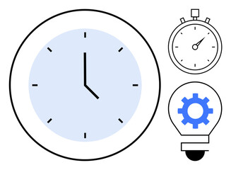 Clock showing time, stopwatch for tracking, and lightbulb with gear signifying planning and innovation. Ideal for productivity, efficiency, workflow, scheduling, innovation, planning time tracking