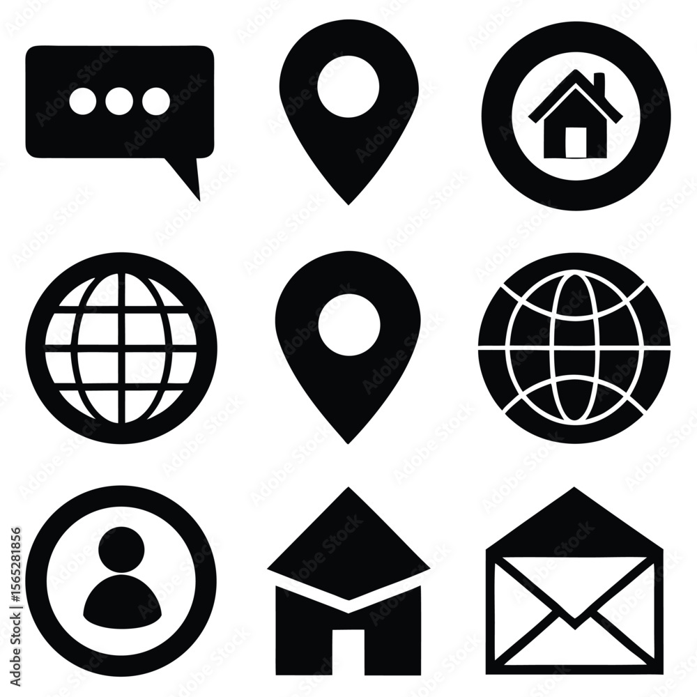 Poster set of minimalist black icons for website or app navigation home location email phone globe.