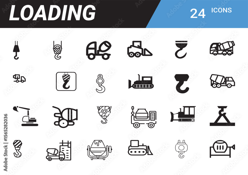 Poster loading icons: a comprehensive collection of 24 diverse icons. illustrating a range of construction 