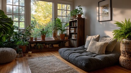 A cozy indoor space featuring plants, a plush seating area, and natural light streaming through large windows.