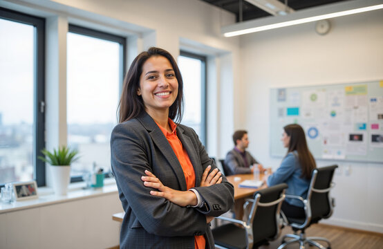 Portrait of successful young businesswoman, sales manager, smiling at camera. Confident woman, business leader, standing in stylish modern office near window at her workplace during meeting.