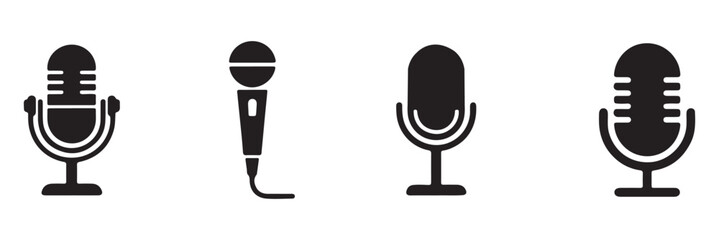 Microphone icon set. Audio speech podcast mic vector symbol. Different microphone collection. Thin line microphone pictogram. Voice record mike icon in black. Vector illustration