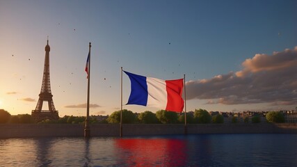 Parisian Architecture with French Flag: 3D Render, Golden Hour, Patriotic