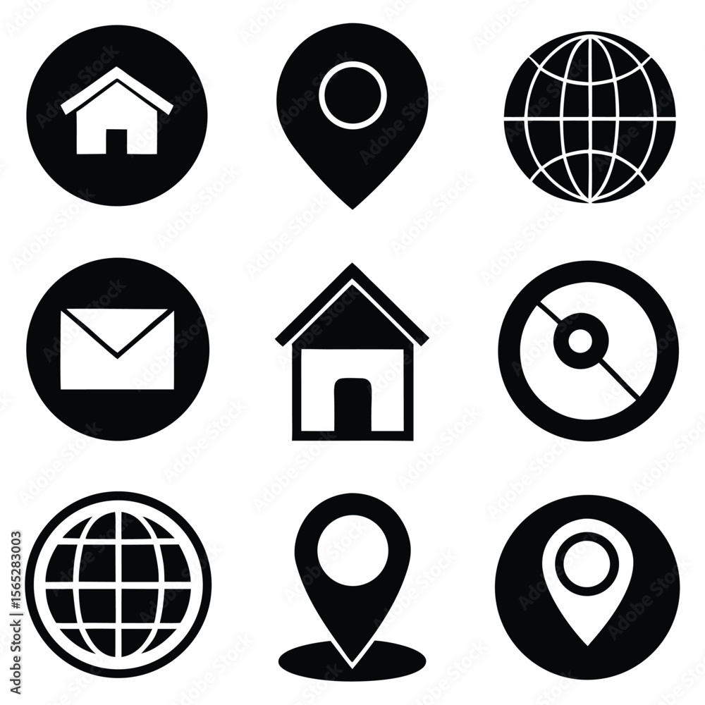 Poster sleek black icons for navigation home location email phone and globe in two styles.