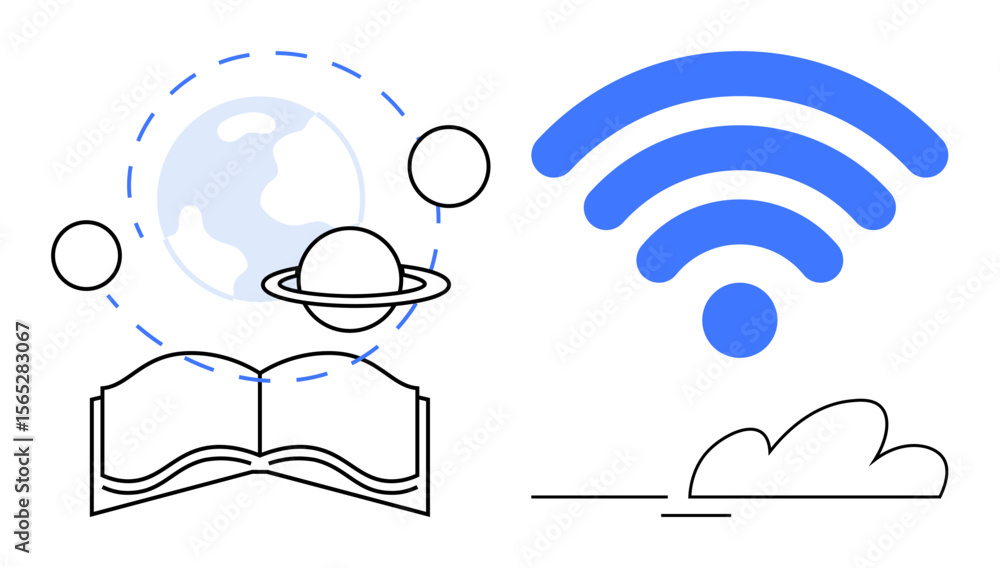 Poster open book connected to planets orbiting earth symbolizing knowledge, paired with wireless icon above