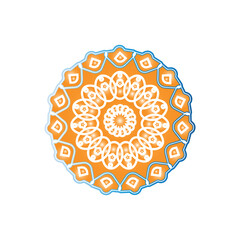 Intricate orange and blue mandala design with white geometric patterns