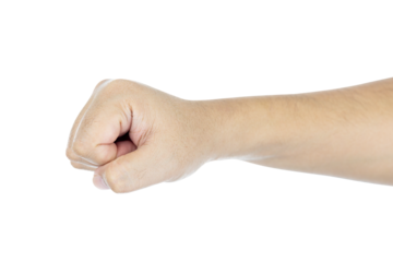 Close-up of a man's clenched fist symbolizing power, strength, and protest. A strong male hand ready to fight, isolated on white background with clipping path.