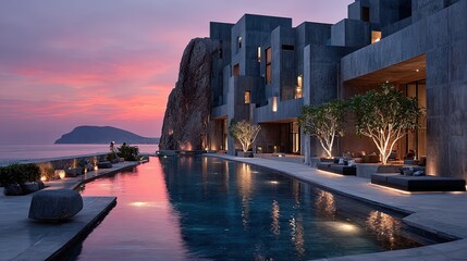 Architecture modern A cliffside hotel with stacked concrete volumes infinity pools and panoramic ocean views at sunset