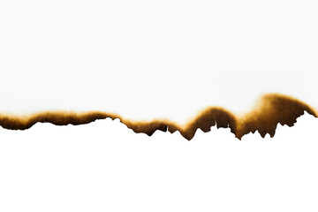 The burned edge of a piece of white paper, creating a grunge border with texture damaged by fire, isolated on white background with clipping path.