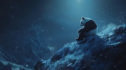 Fototapeta premium Panda on snowy mountain peak at night