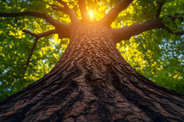 Majestic Tree Reaching for Sunlight: A captivating perspective gazing upward through the sturdy trunk of a towering tree towards the sun, revealing its radiant leaves against the bright sky.