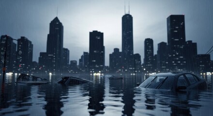 Obraz premium Flooded Cityscape After Heavy Rainfall Showing Cars Submerged