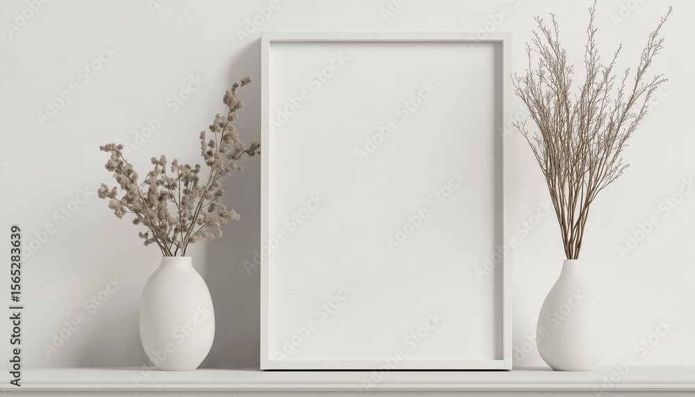 Poster white frame and dry twigs in vase on bookshelf or desk: minimalistic decor with a touch of nature. e