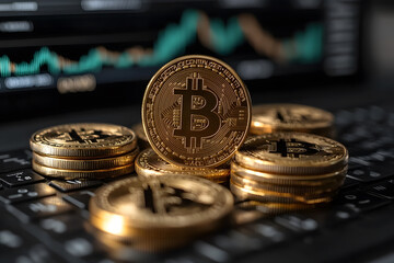 Bitcoin Cryptocurrency on Laptop Keyboard: Golden Bitcoin cryptocurrencies are arranged on a laptop keyboard, with a financial chart displayed on the screen in the background.