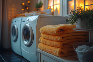 Cozy Laundry Room Scene: A serene laundry room, bathed in warm sunlight, features a neatly stacked pile of plush yellow towels and washing machine creating a scene of comforting domesticity.
