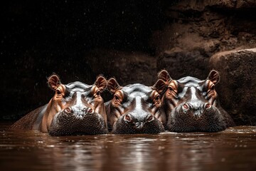 Zoo trip family vacation Zoo Trip Concept, Wideangle of hippos lounging in muddy water under bright sunlight, natural zoo habitat