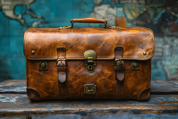 Vintage Leather briefcase on Wooden Surface: A well-worn, vintage leather briefcase rests on a rustic wooden surface, showcasing its rich patina and sturdy construction.