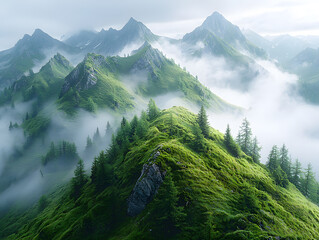 Majestic Mountain Ridge: Breathtaking view of lush, green mountain peaks emerging from a blanket of ethereal mist. A landscape of raw natural beauty.