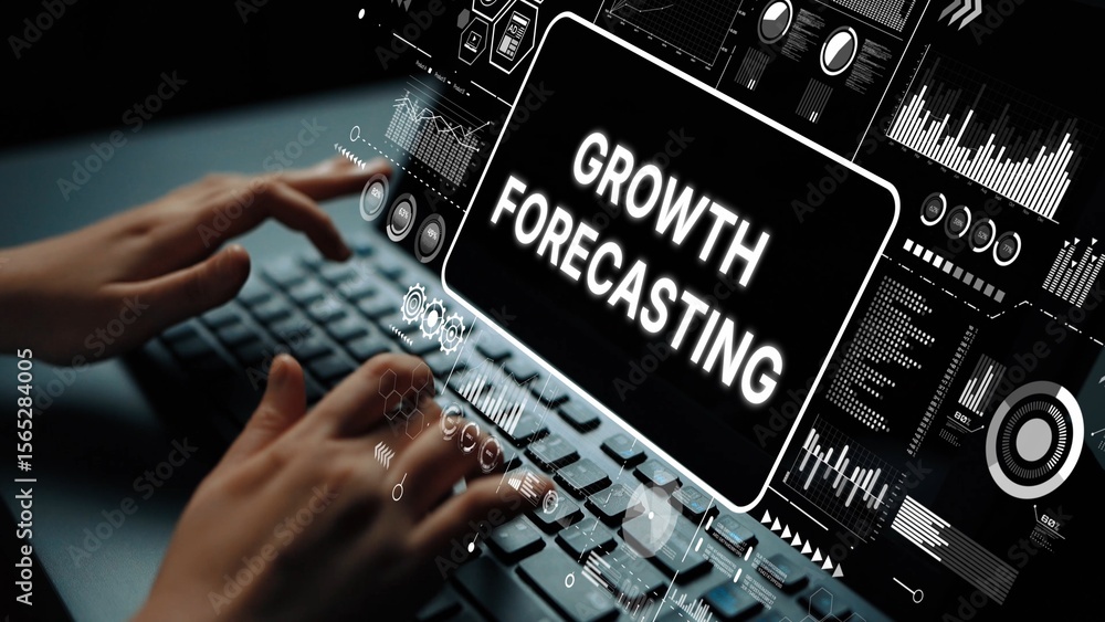 Poster futuristic digital interface displaying growth forecasting data with hands typing on keyboard. asymp