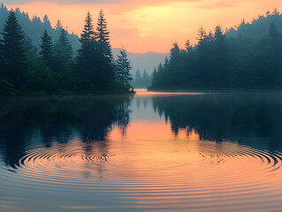 Golden Hour Reflection: A tranquil scene unfolds at dawn, with gentle ripples disturbing the water's surface, reflecting the ethereal glow of sunrise amidst the silhouette of the surrounding forest.
