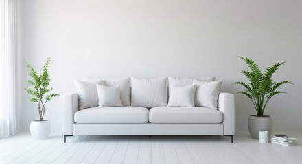 Living Room with White Sofa and Green Plants in Minimalist Style