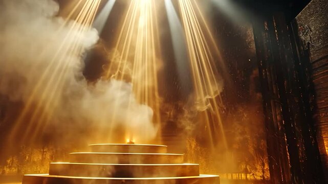 Golden podium in smoky temple with light beams, spiritual setting