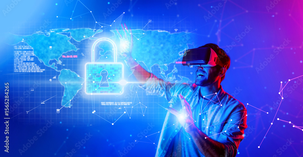 Poster a dynamic image showcasing a man using virtual reality technology to engage with cybersecurity conce