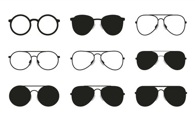 Various styles of black and white eyeglasses and sunglasses round aviator