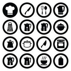 Black and white kitchen utensil icons showcase cooking tools and culinary symbols in a sleek modern design.