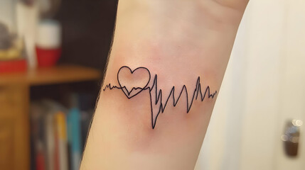 Delicate wrist tattoo featuring a broken heart and EKG line.  A simple, minimalist design of a heart with a fractured edge, accompanied by a stylized EKG line, sits on a wrist