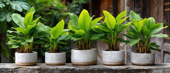 Vibrant potted plants line weathered stone