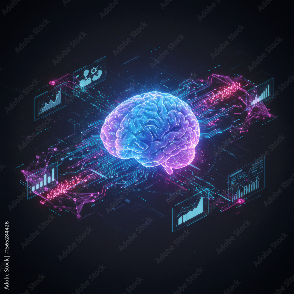 Poster a futuristic concept of artificial intelligence with a glowing human brain connected to digital data